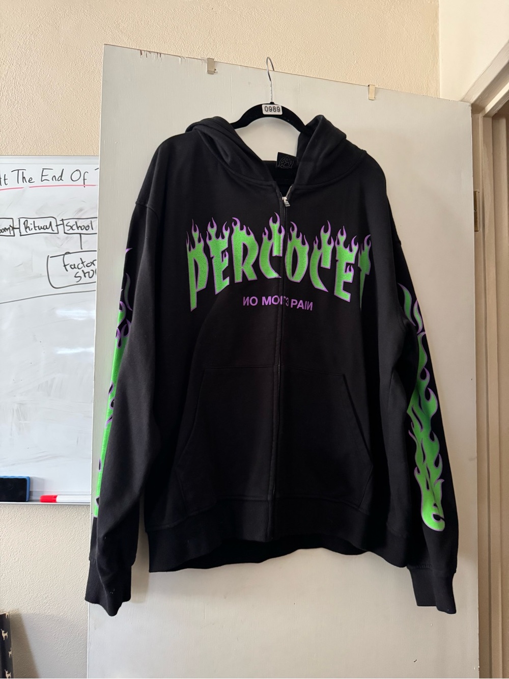 Revenge Clothing Percocet Black Zip-Up Hoodie with Green & Purple Flame Logo